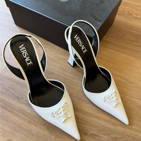 Versace White Pointed Toe Slingback Heels - Picture 4 of 9